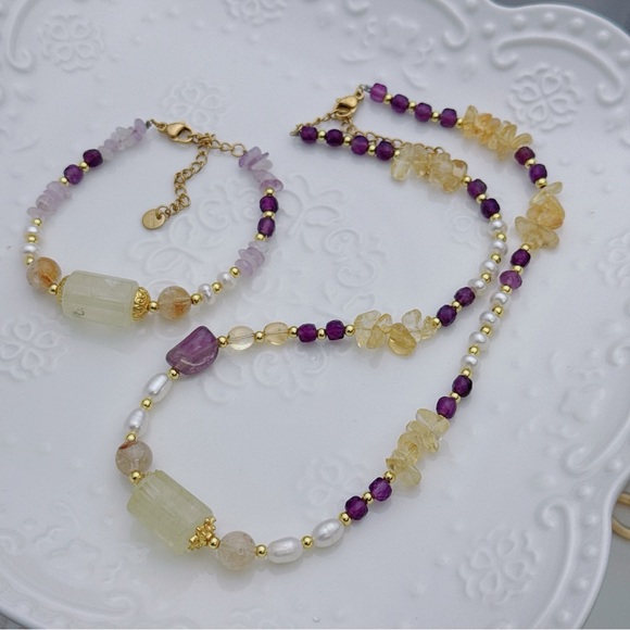 26X46 Handmade Freshwater Pearl Citrine Amethyst Necklace Bracelet Set - Picture 3 of 10